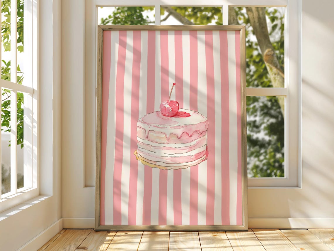 Pink Cherry Cake Watercolor Striped Background Dessert Art Poster - Image 3