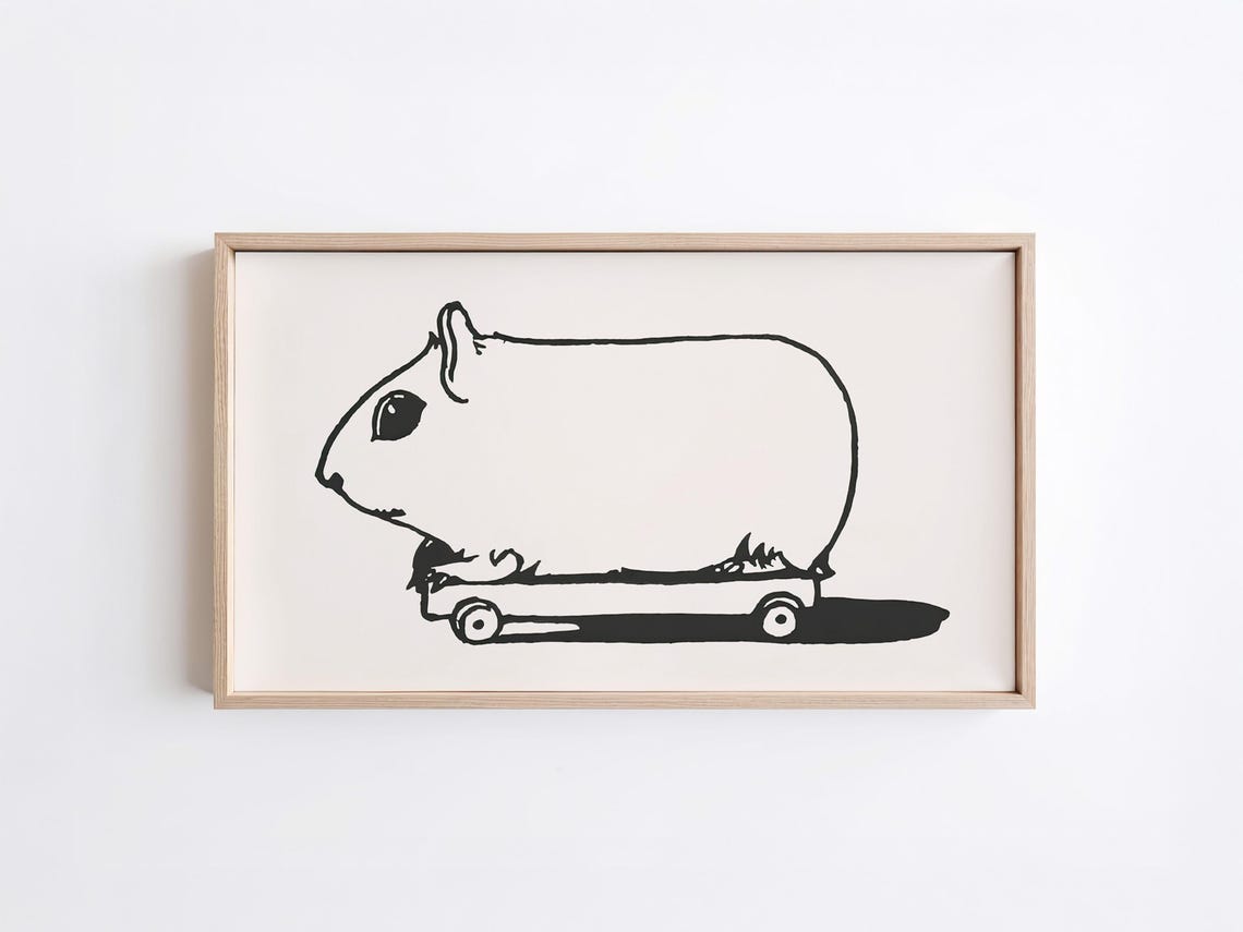 Funny Hamster Riding A Skateboard Bold Line Drawing Wall Art