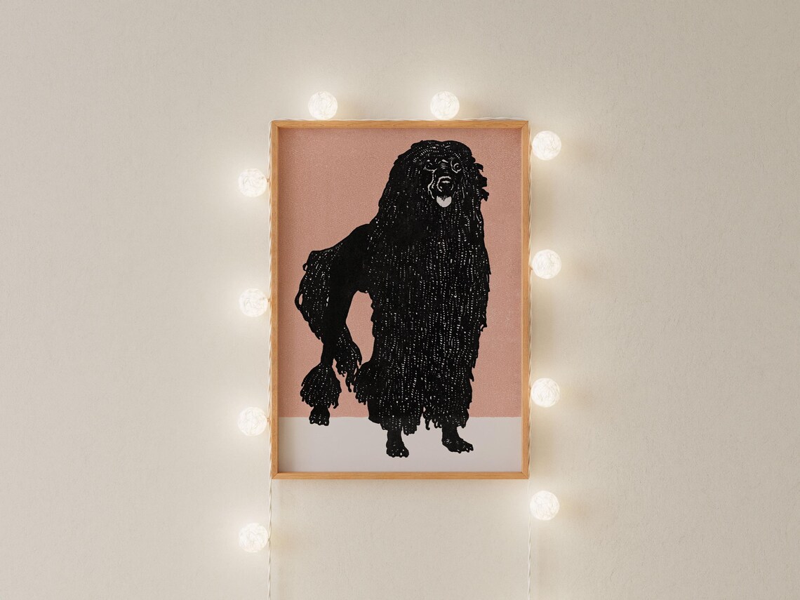 Black Poodle Silhouette Vintage Linocut Style Pink Dog Portrait Poster - Image 3