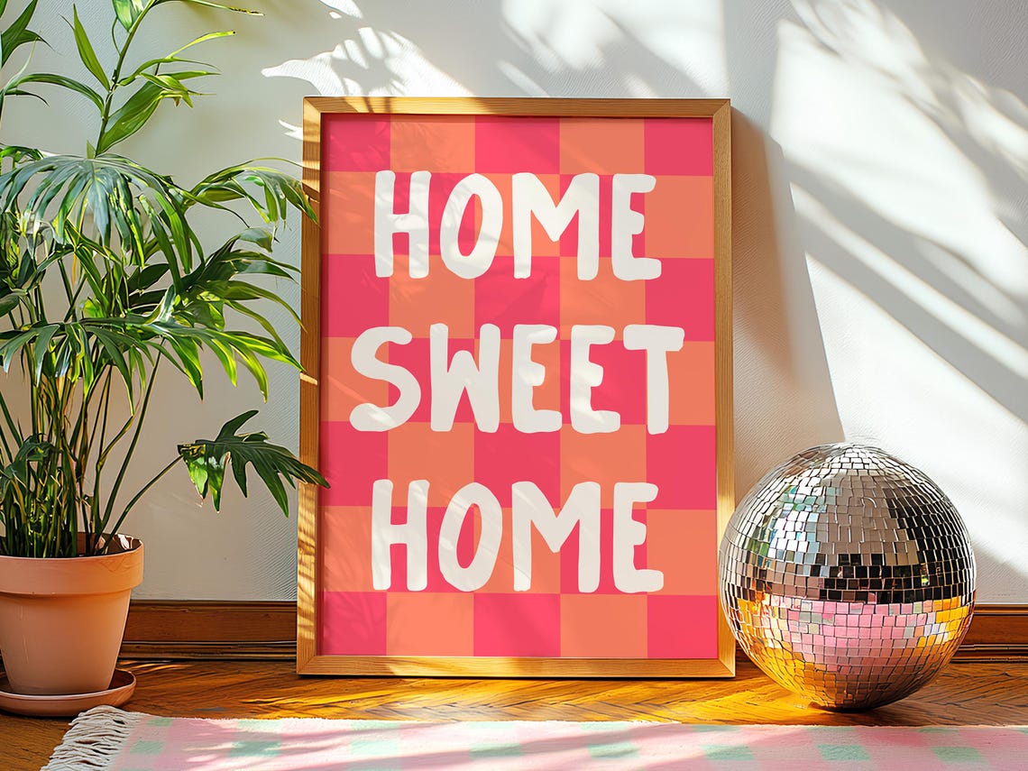 Home Sweet Home Red Orange Checkered Maximalist Quote Poster - Image 2