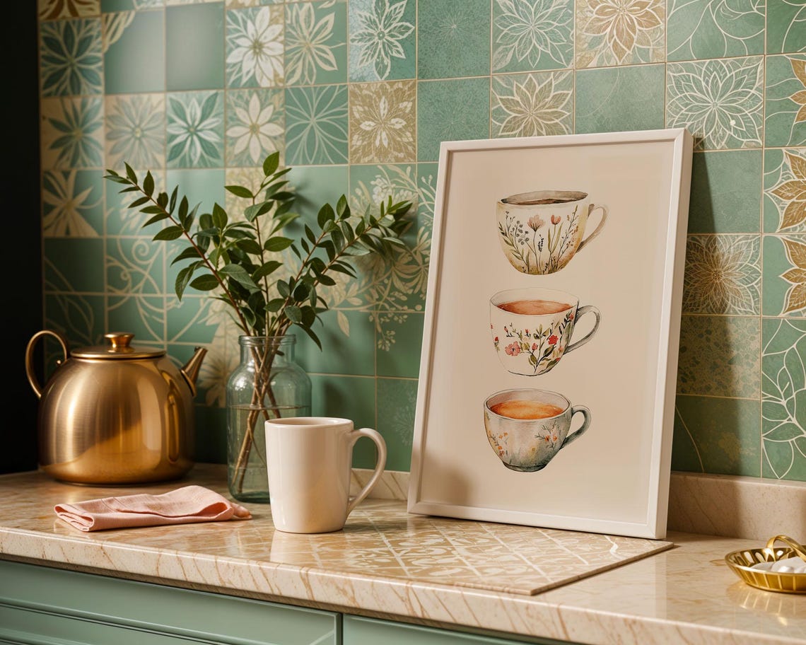 Watercolor Floral Teacups Trio Stacked Tea Cups Kitchen Wall Art - Image 4