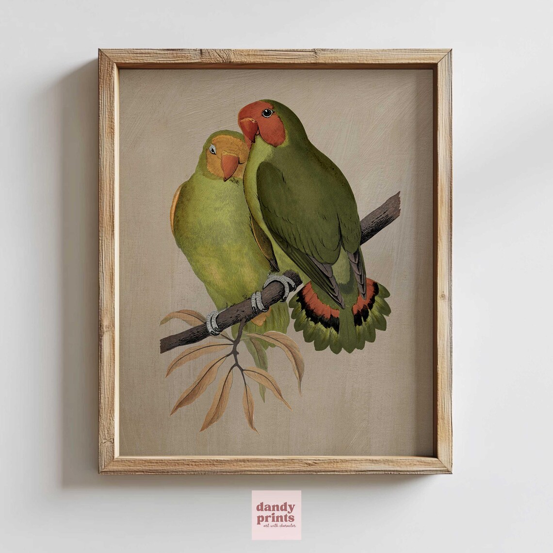 Green Lovebird Pair On Branch Botanical Bird Illustration Poster