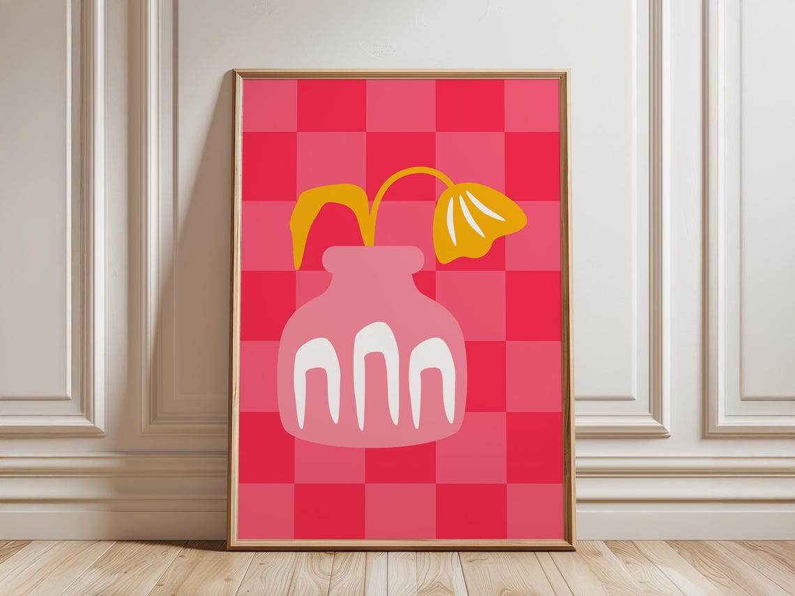 Pink Vase Yellow Flowers Red Checkered Abstract Floral Poster - Image 2