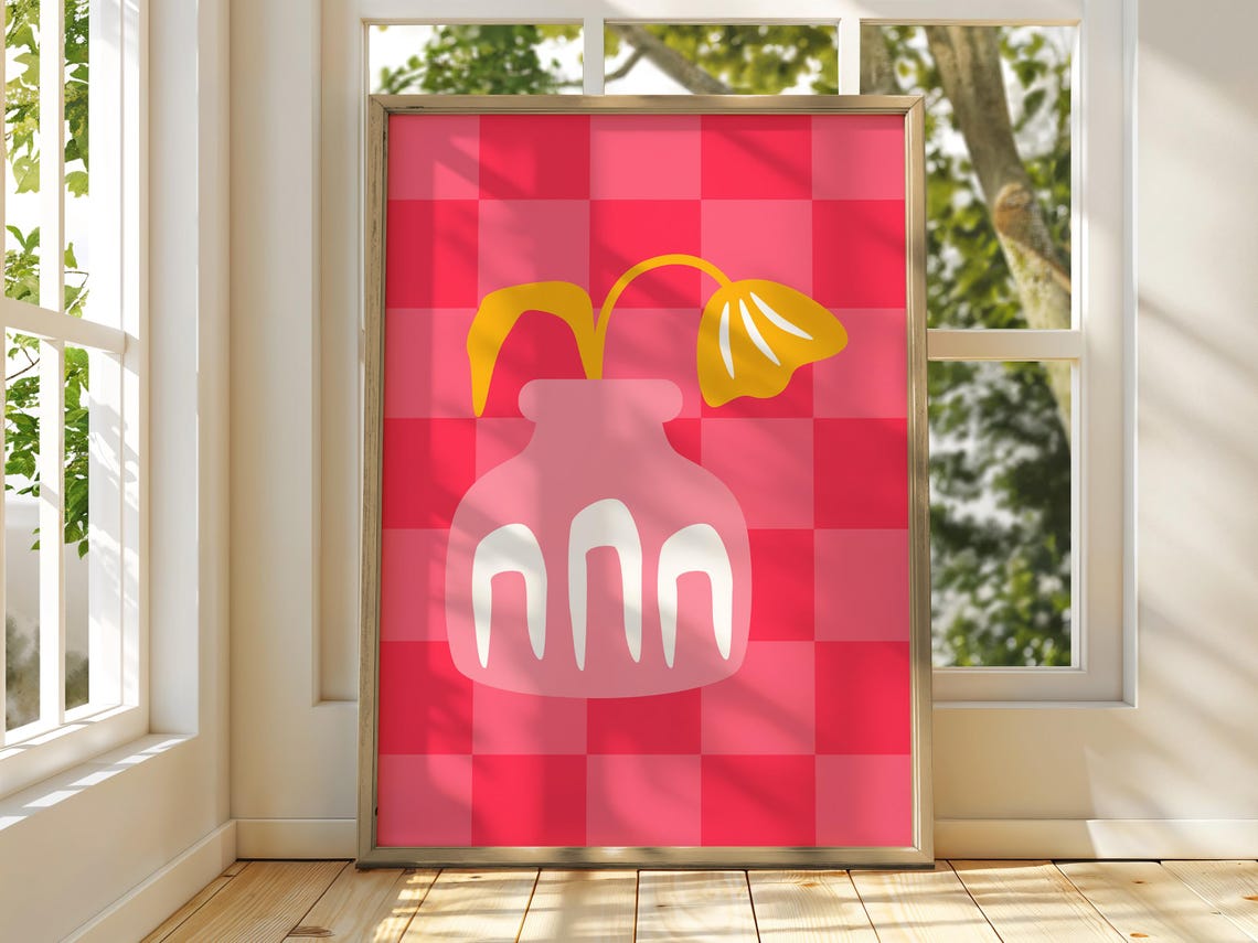 Pink Vase Yellow Flowers Red Checkered Abstract Floral Poster - Image 3