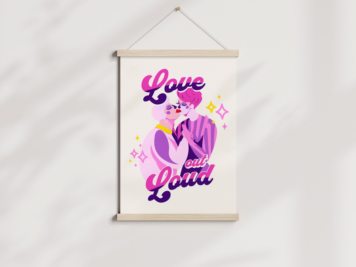 Love Out Loud Retro Couple Illustration LGBTQ Pride Romance Poster - Image 3