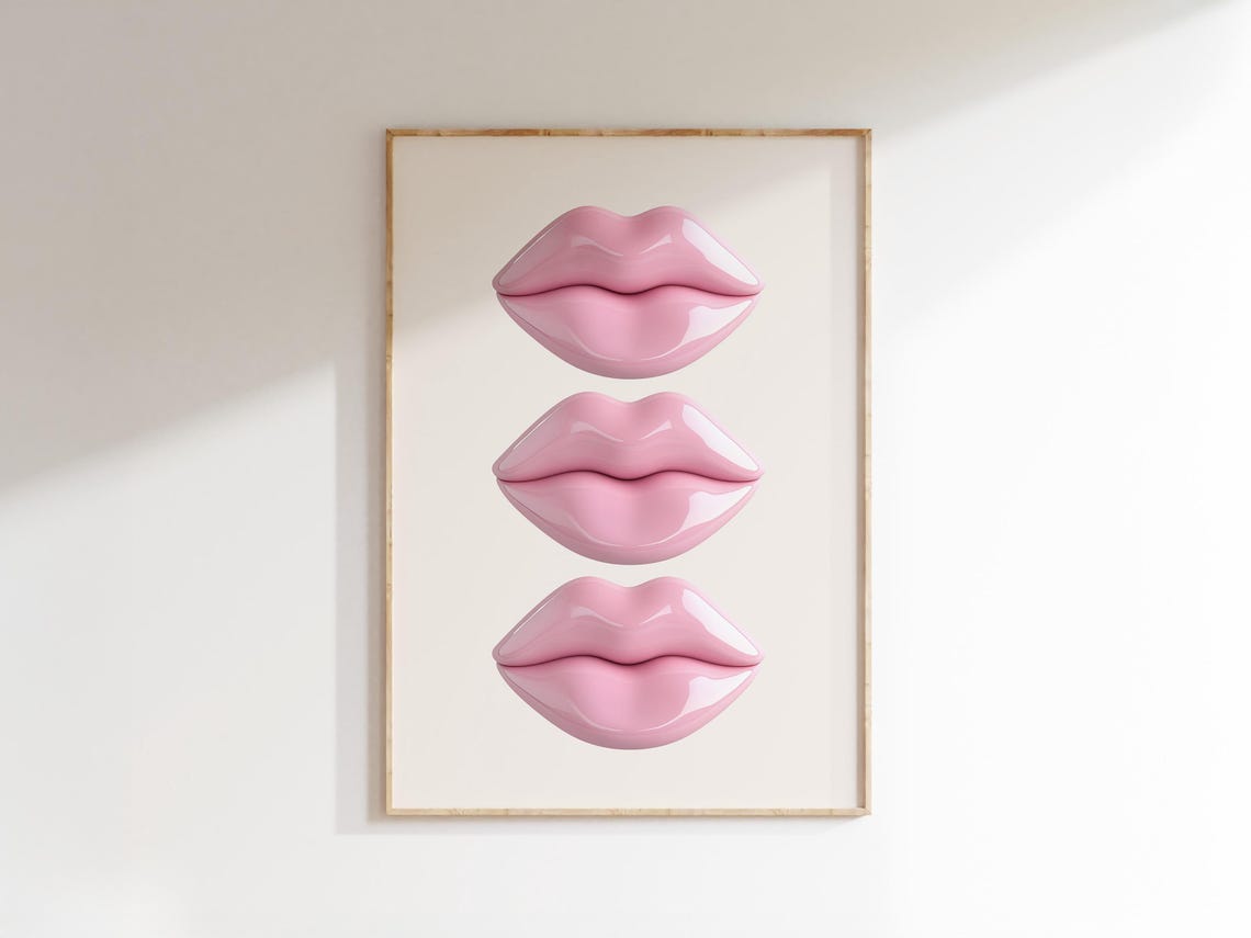 Pink Glossy Lips Trio Trendy Pop Art Beauty Salon Wall Poster - Image 3
