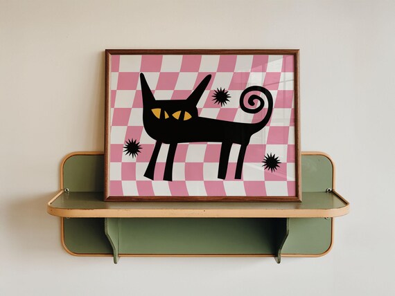 Black Cat Pink Checkered Mid Century Modern Animal Art Poster