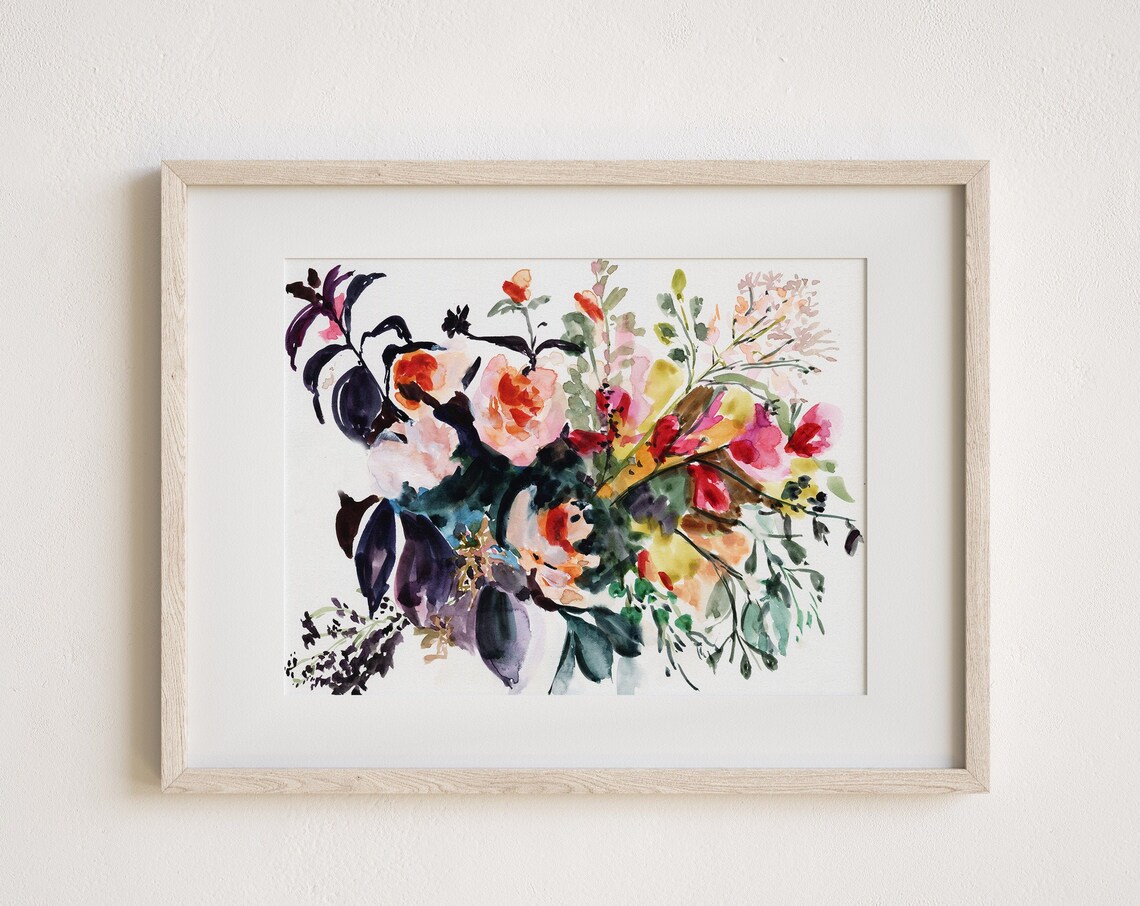 Loose Floral Bouquet Watercolor Art Pink Coral Blooms Garden Wall Art
