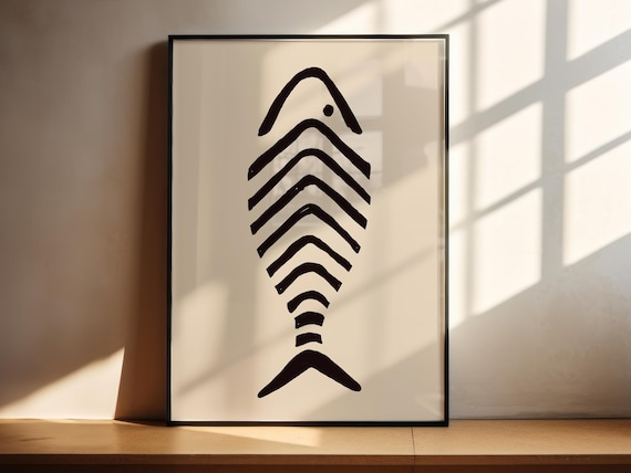 Single Fish Black On Tan Sketched Fish Art With Tan Background