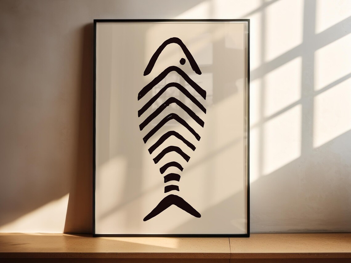 Single Fish Black On Tan Sketched Fish Art With Tan Background
