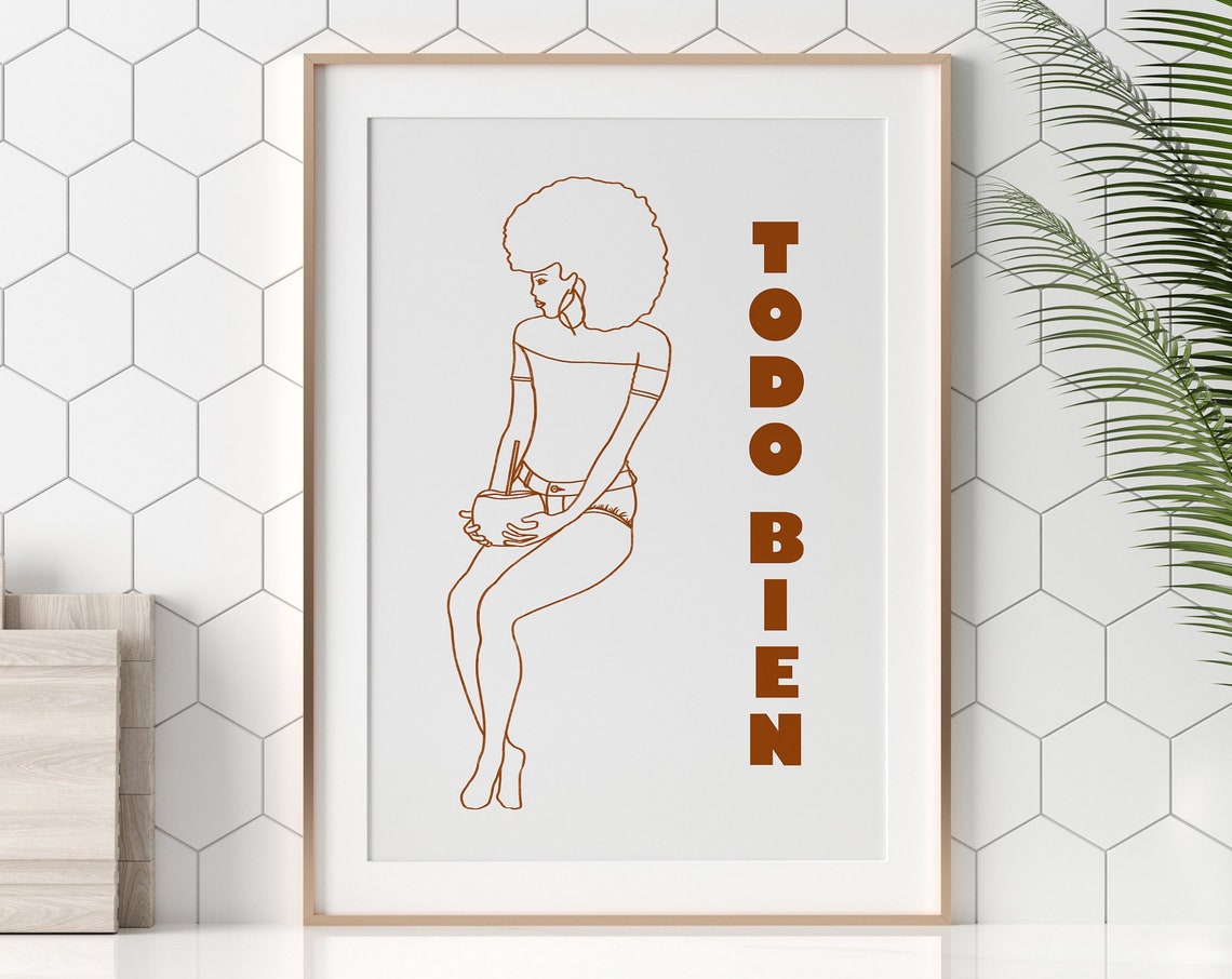 Todo Bien Woman Afro Coconut Drink Terracotta Line Art Poster