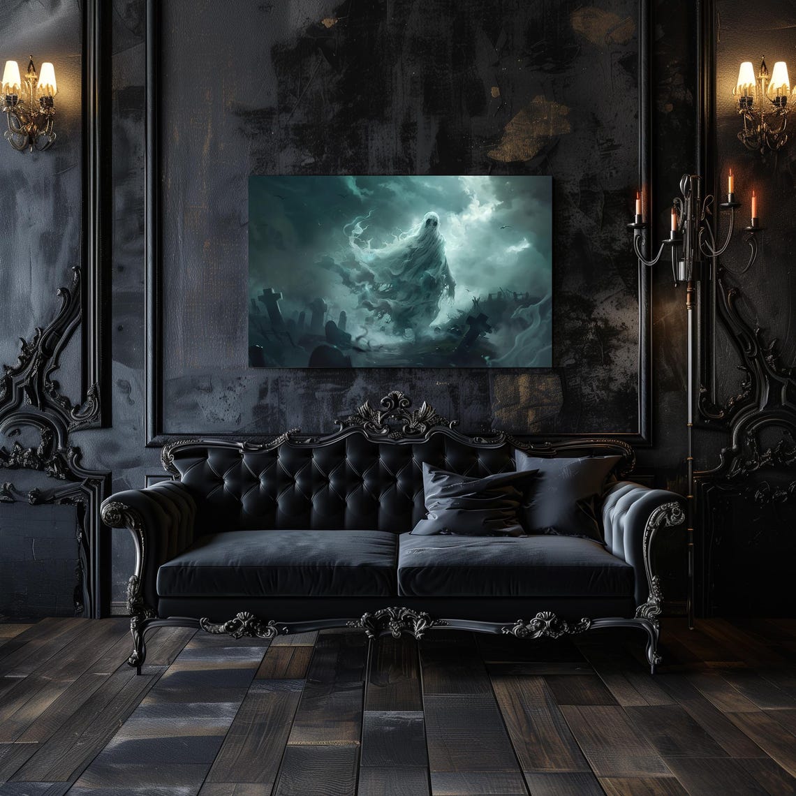 Gothic Spectral Ghost Rising Over Foggy Cemetery Horror Poster