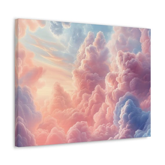 Soft Fluffy Pastel Clouds Print Evening Landscape Modern Painting Fantasy Nature Rustic Wall Print Airbnb Art Wall Decor