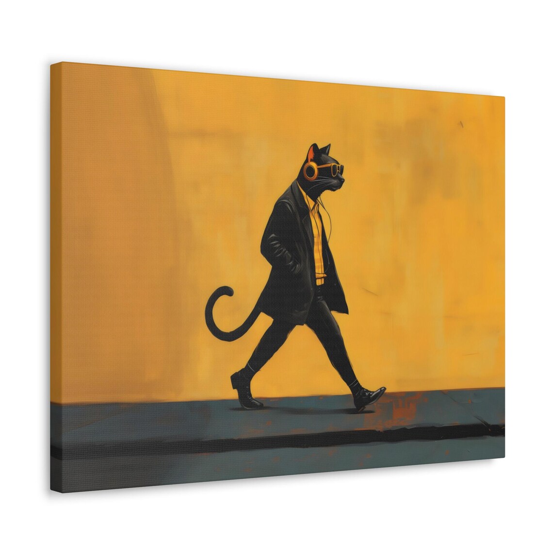 Stylish Black Cat Trench Coat Walking Golden Yellow Animal Portrait Poster - Image 3