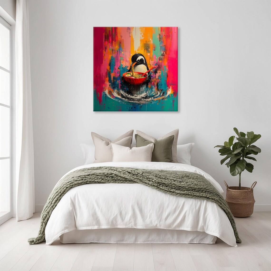 Penguin Ramen Bowl Neon Abstract Splash Colorful Animal Art Poster
