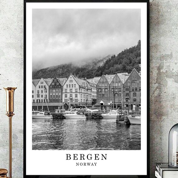 Bergen Norway Bryggen Wharf Harbor Black And White Travel Poster