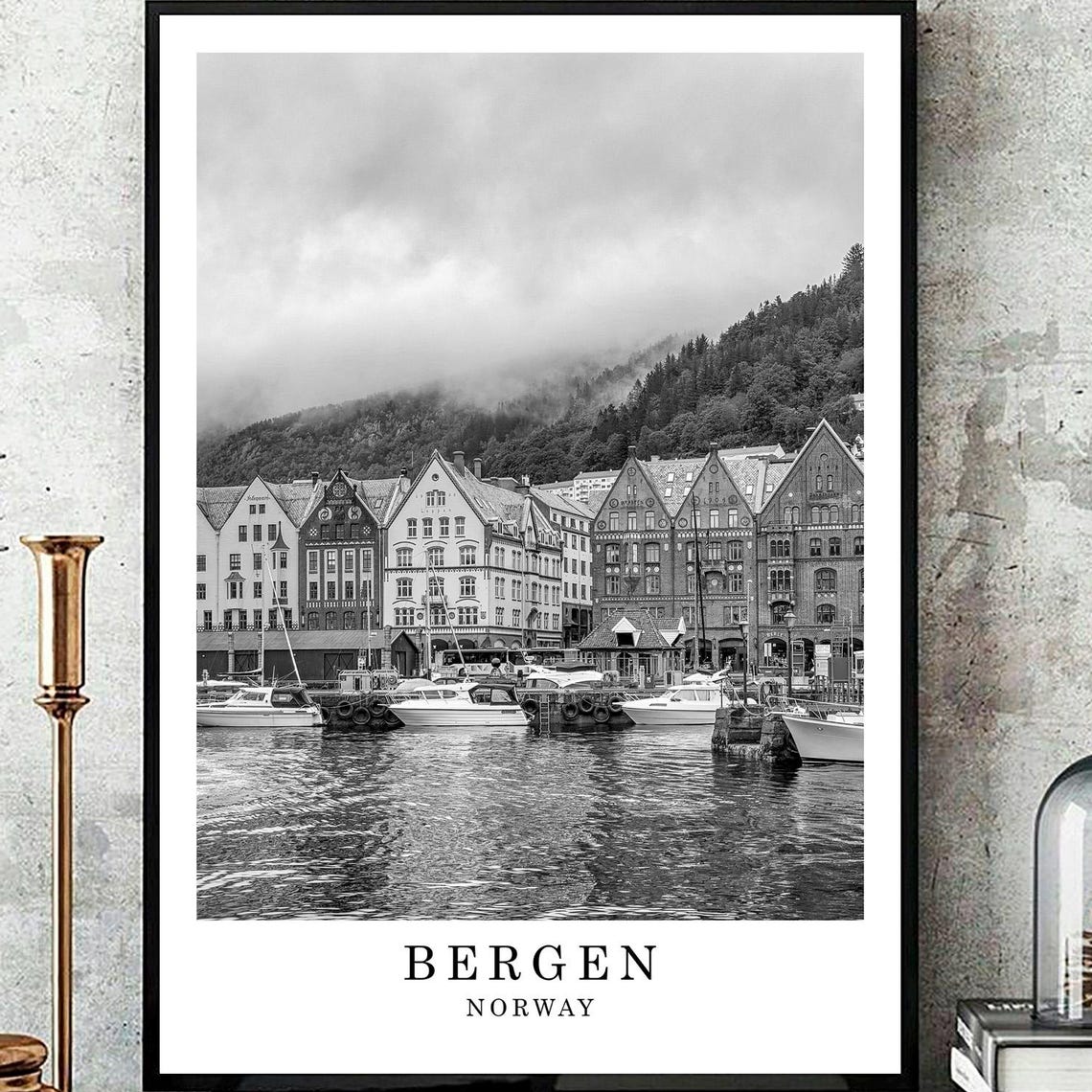 Bergen Norway Bryggen Wharf Harbor Black And White Travel Poster