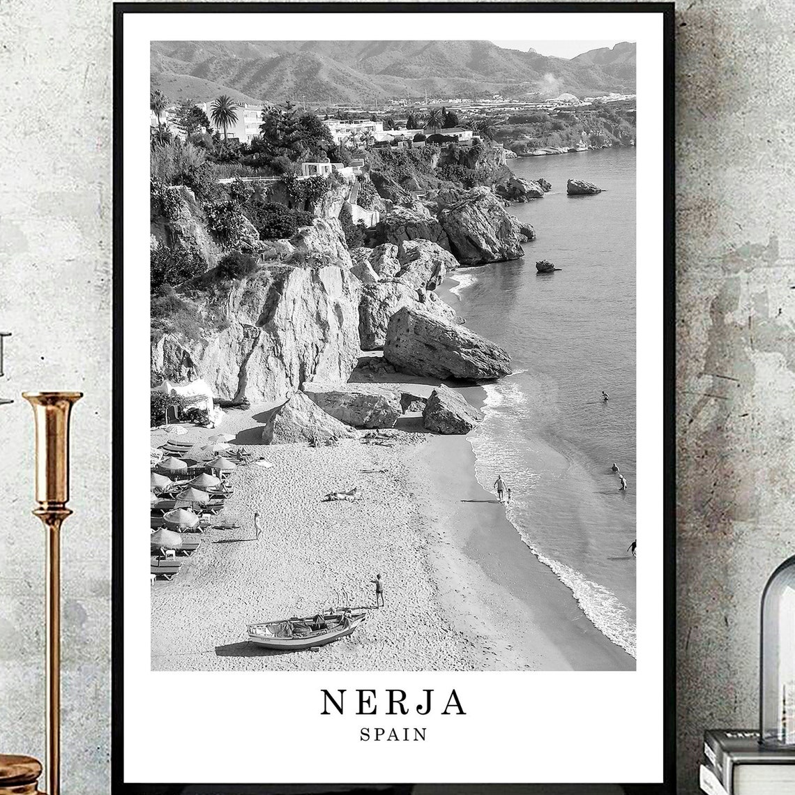 Nerja Spain Beach Cliffs Black And White Minimalist Travel Poster