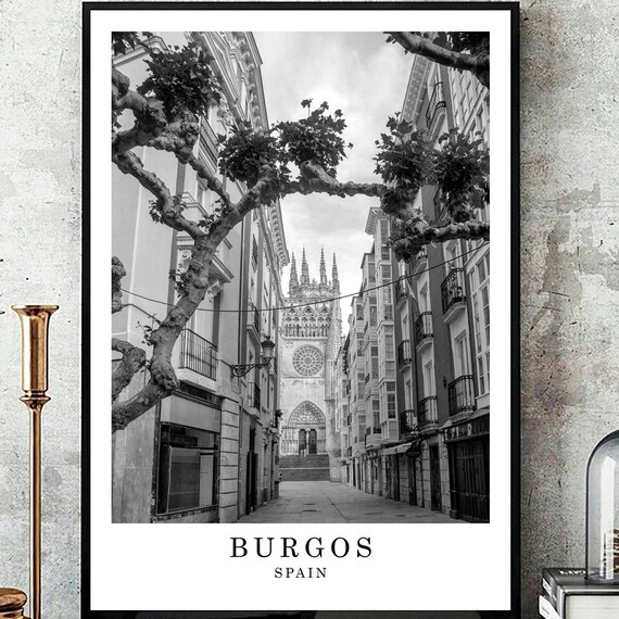 Burgos Spain Cathedral Cobblestone Street Black And White Travel Poster
