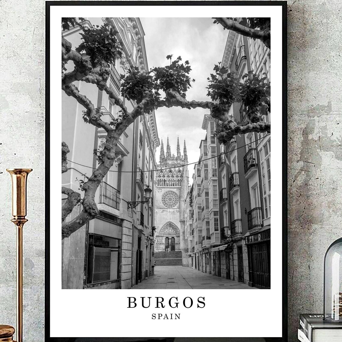 Burgos Spain Cathedral Cobblestone Street Black And White Travel Poster