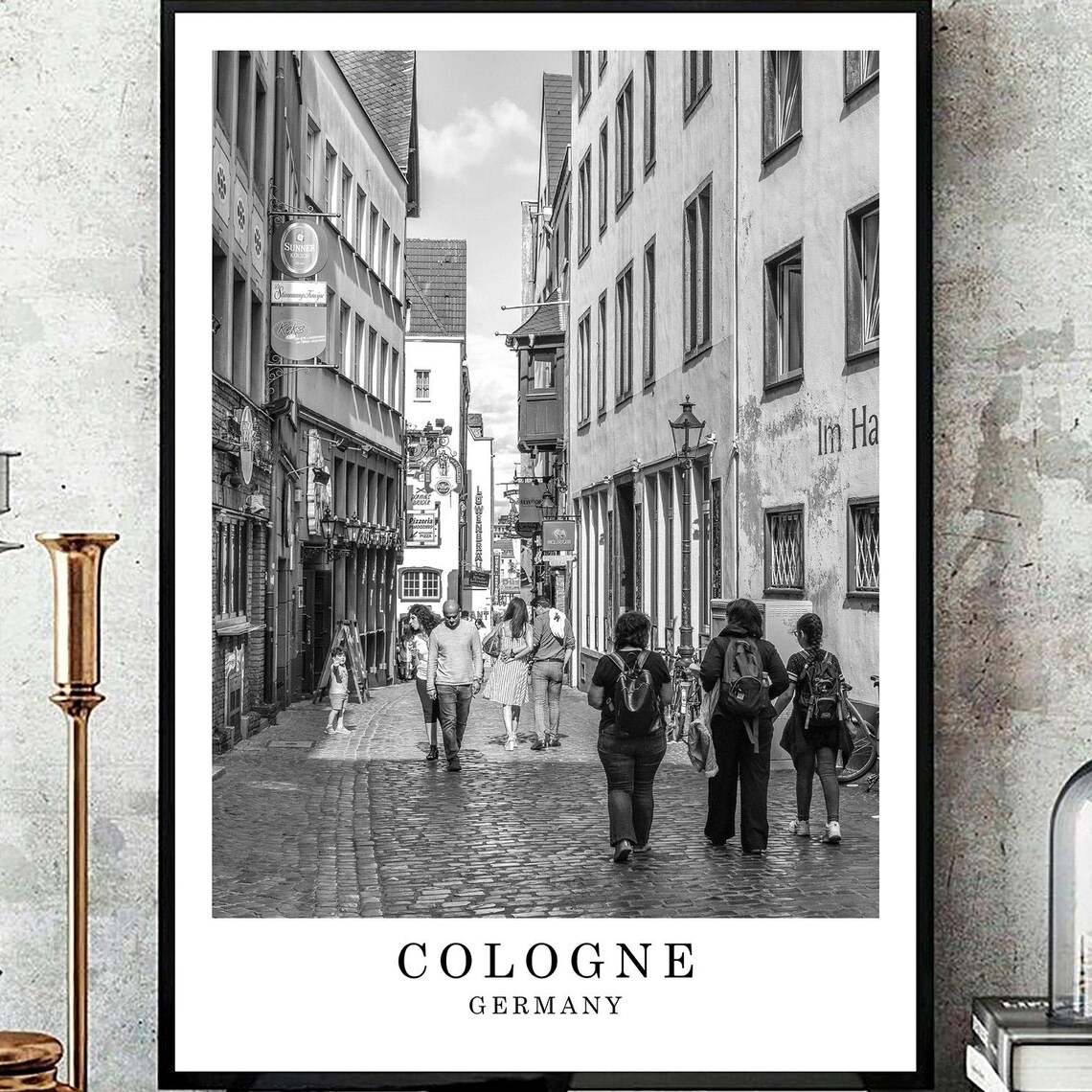 Cologne Germany Old Town Cobblestone Street Black White Travel Poster