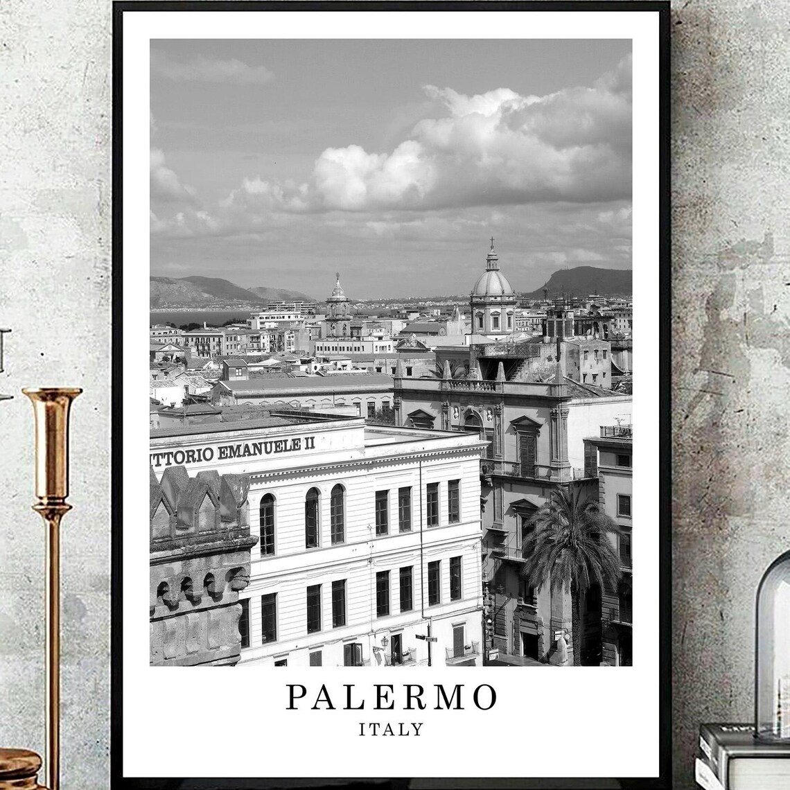 Palermo Italy Sicilian Old Town Skyline Black And White Photo Poster