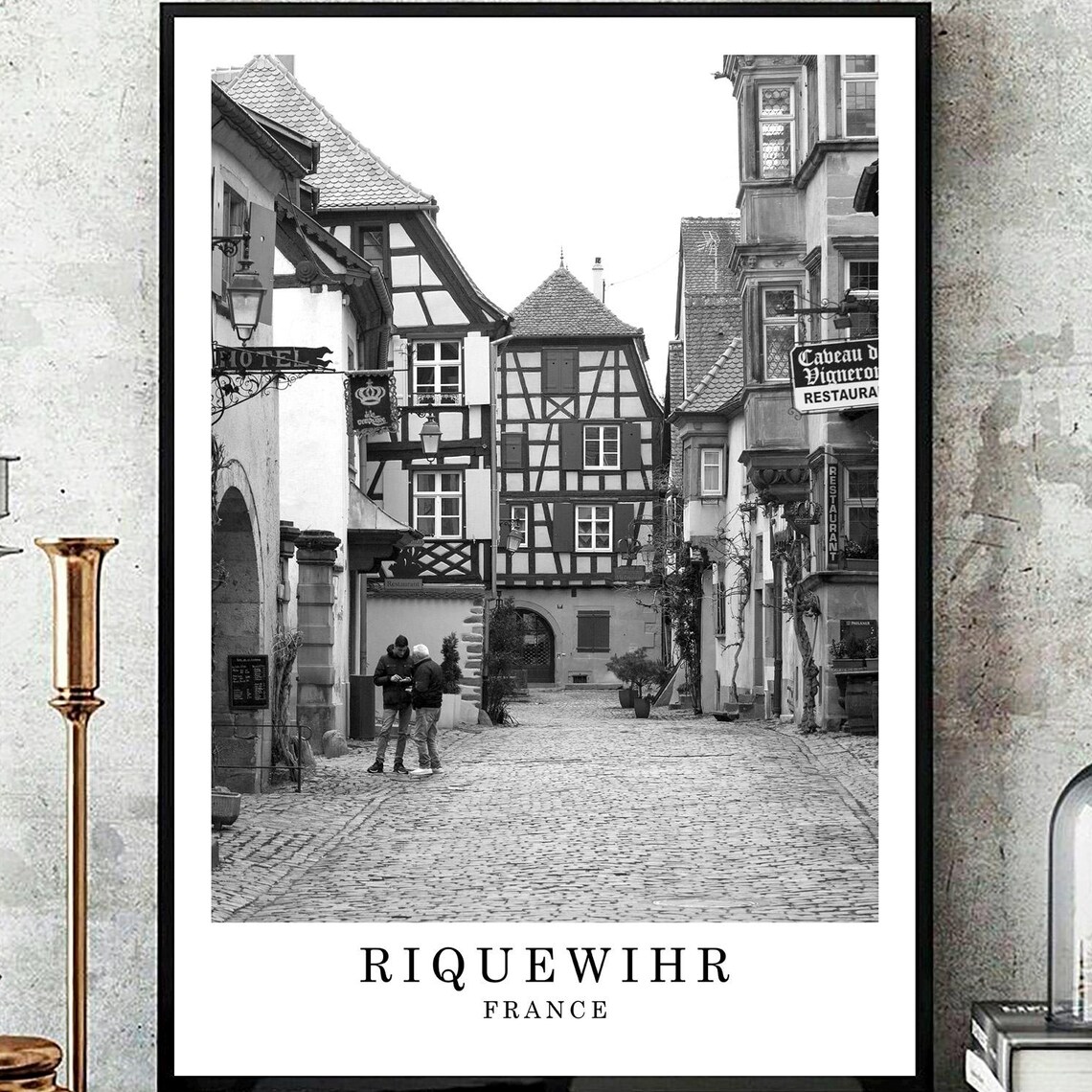 Riquewihr France Half Timbered Street Black And White Travel Poster