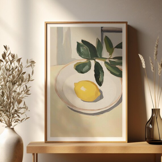 Lemon On Plate Still Life Painting With Leaves Botanical Art Poster
