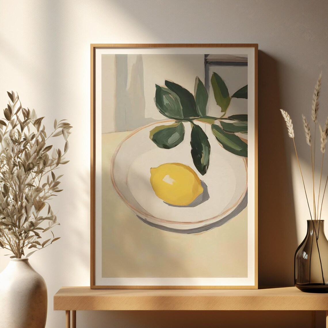 Lemon On Plate Still Life Painting With Leaves Botanical Art Poster