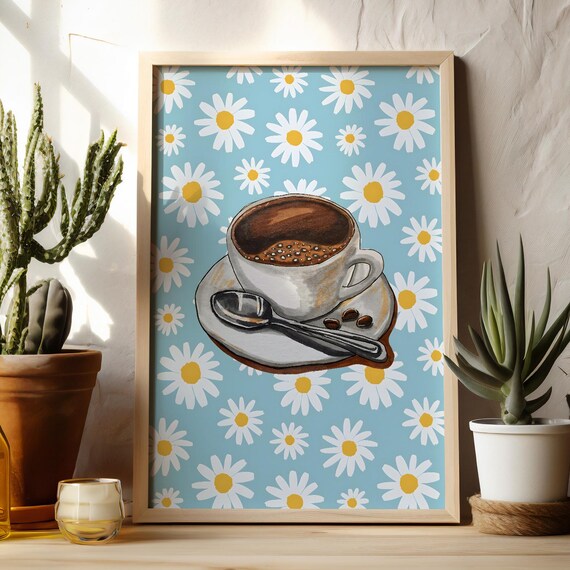 Steaming Coffee Cup On Blue Daisy Pattern Cheerful Kitchen Poster