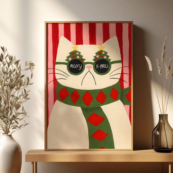 Funny Wall Art Christmas Cat Print Merry Xmas Poster Cute Holiday Decor Whimsical Illustration Festive Red And Green