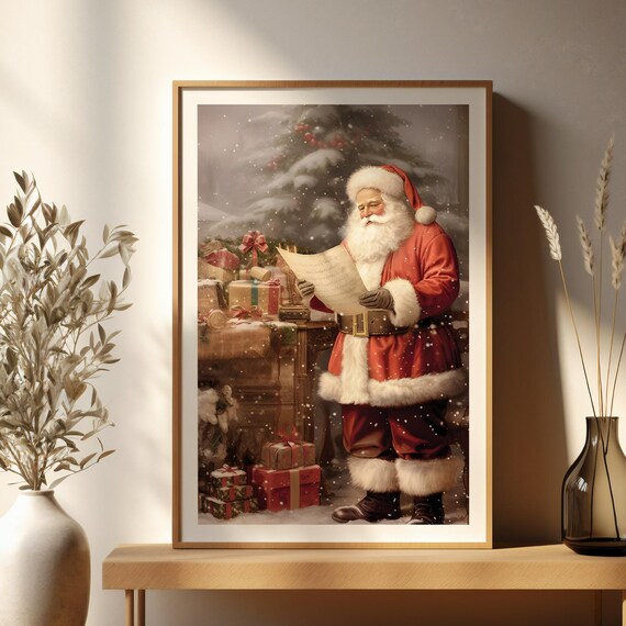 Vintage Santa Claus Reading His Christmas Letter Snowy Night Poster