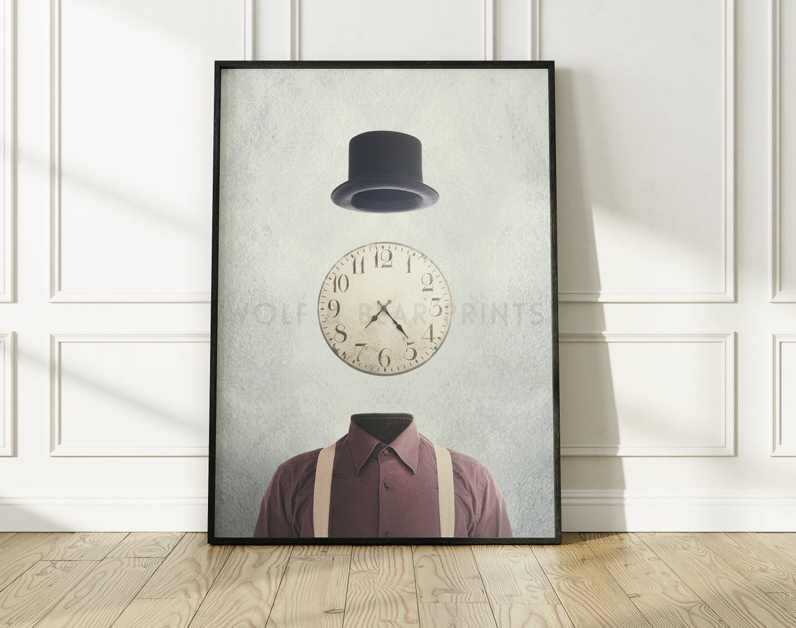 Time Will Tell Surreal Floating Bowler Hat Vintage Clock Poster