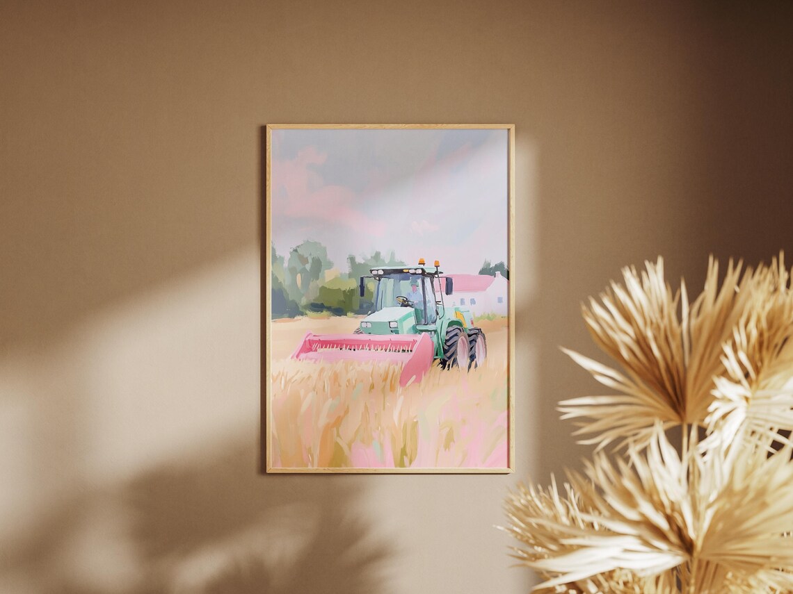 Green Tractor Harvesting Golden Wheat Field Farm Harvest Art Poster - Image 2