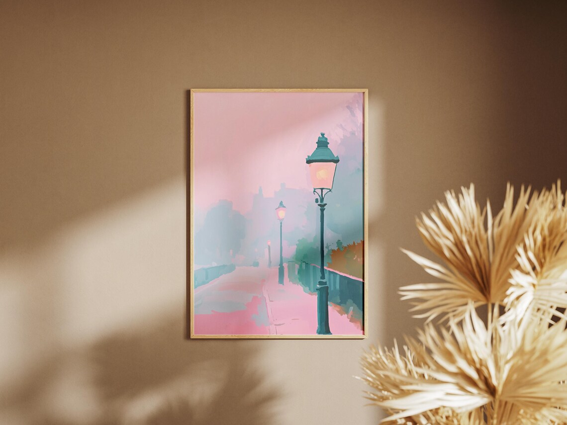 Victorian Street Lamps Misty Pink Morning Fog City Walk Art Poster - Image 2
