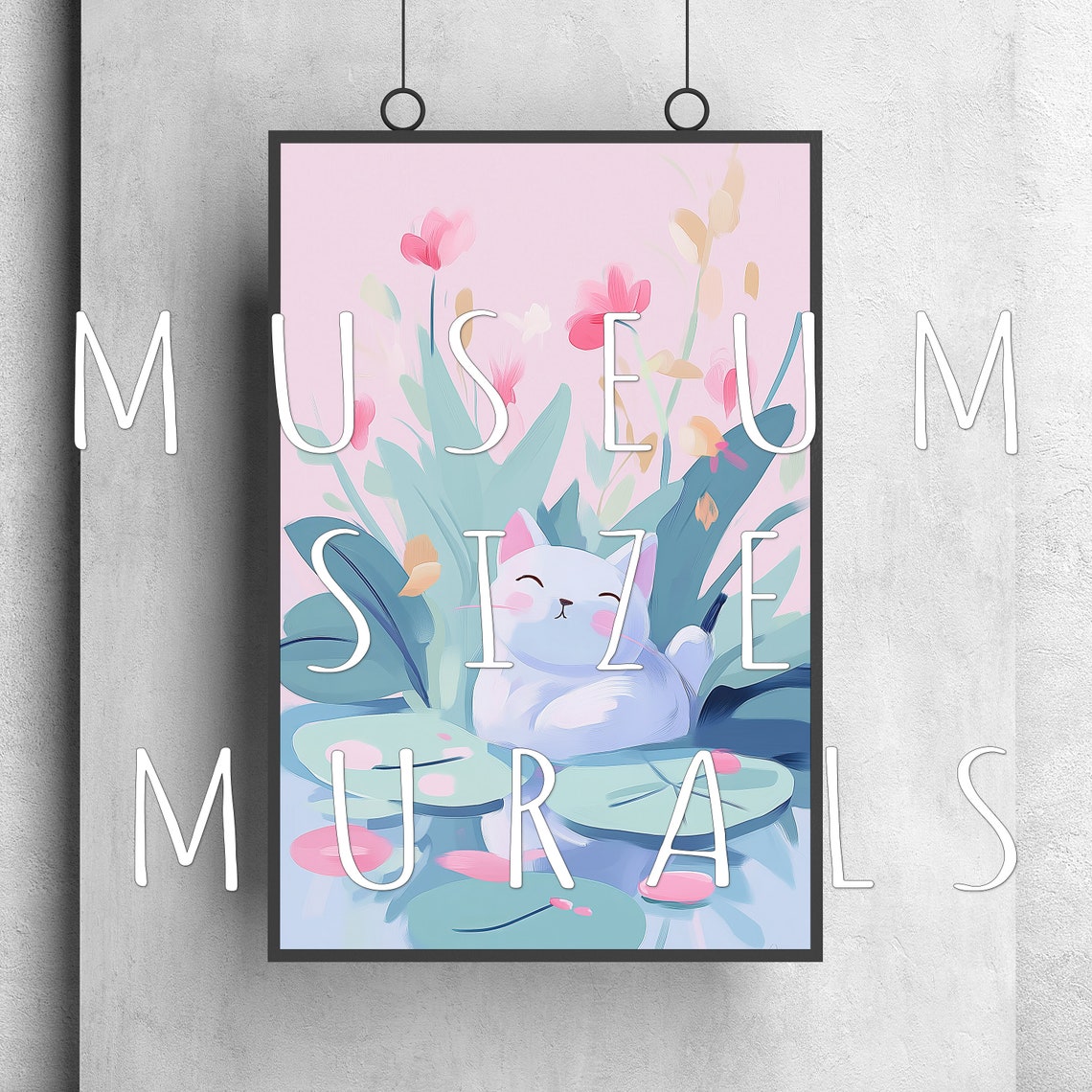 Cute White Cat on Lily Pads Pink Flowers Kawaii Wall Art Print - Image 3