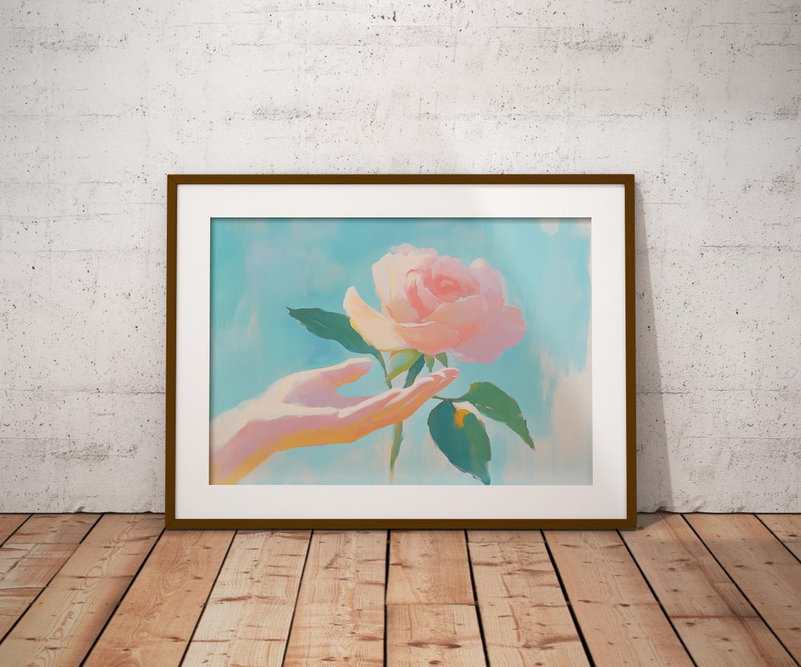 Hand Touching Pink Rose Pastel Painting Turquoise Sky Floral Wall Art - Image 2
