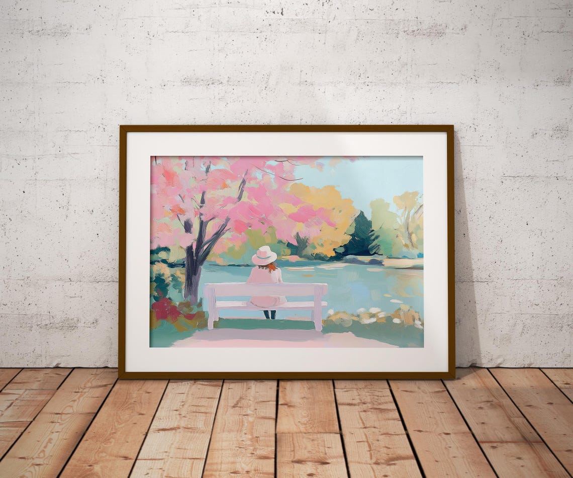 Woman on Park Bench by Lake Under Cherry Blossoms Pastel Serene Poster - Image 4
