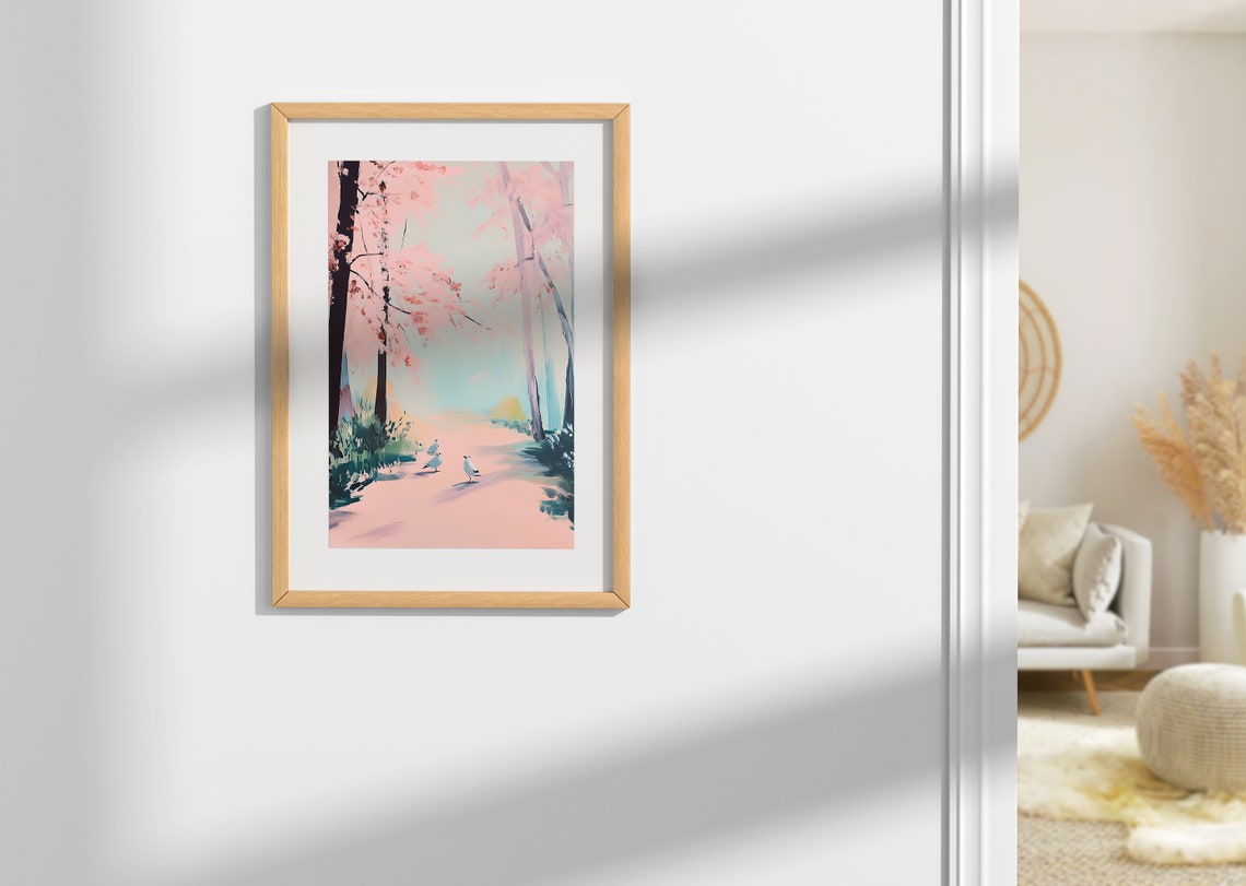 Cherry Blossom Trees Pink Path Seagulls Spring Coastal Art Poster - Image 2
