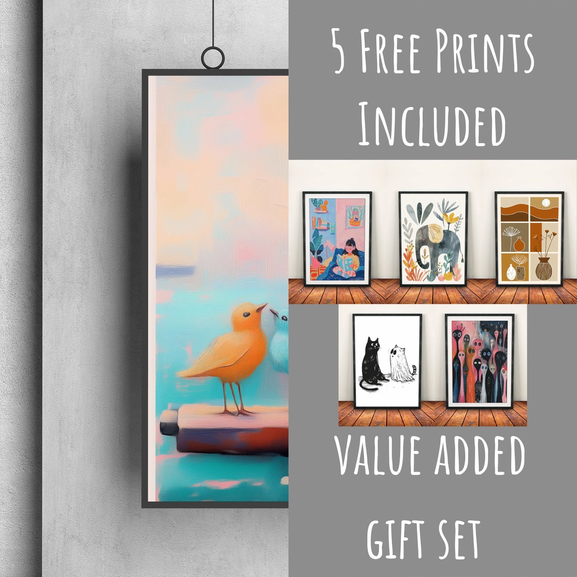 Orange And Teal Birds Pair Snuggling Pastel Abstract Art Print - Image 3