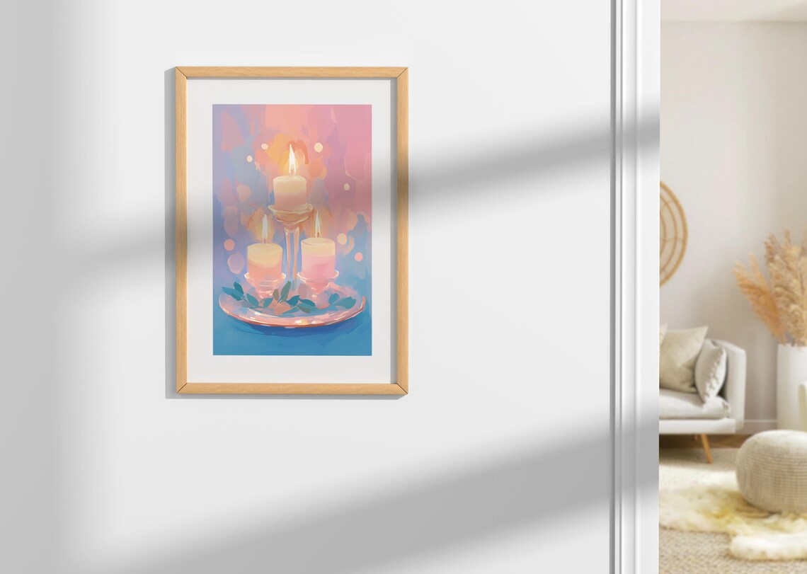 Three Glowing Candles On A Stand With Leaves Bokeh Glow Art Poster - Image 2