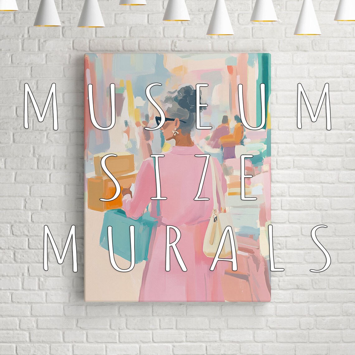 Elegant Woman Shopping in Pink Pastel City Fashion Art Poster - Image 3