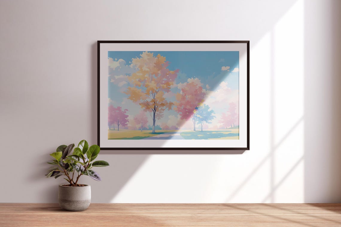 Pastel Spring Park Pink Blossom Trees Winding Path Art Poster - Image 3