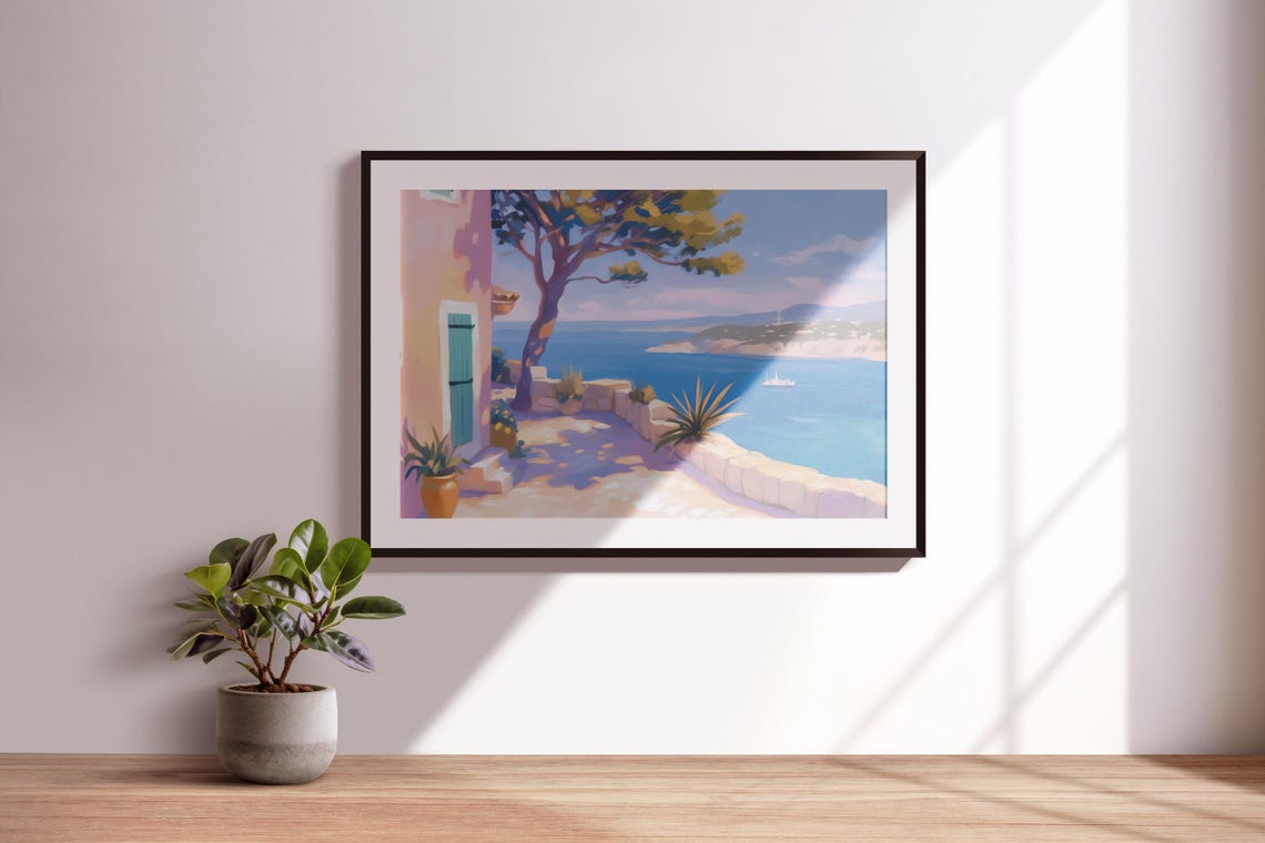 Mediterranean Coastal Terrace Pink Villa Pine Tree Blue Sea Poster - Image 3
