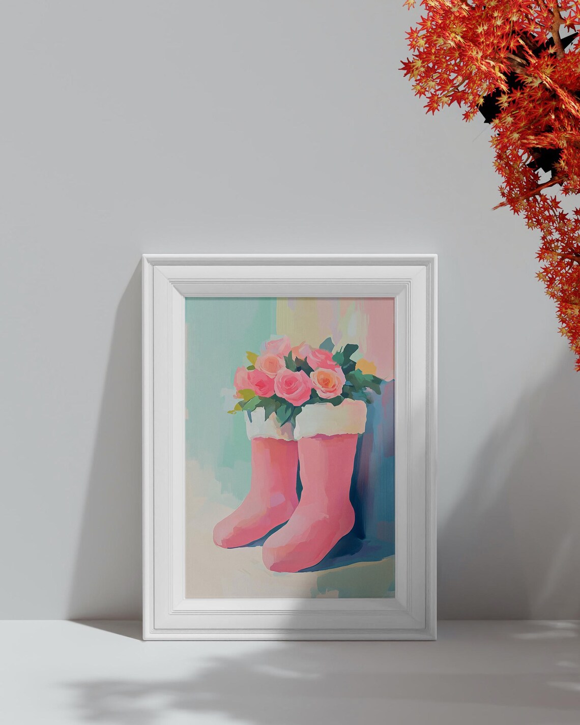 Pink Fur Boots Bouquet Pink Roses Floral Still Life Wall Poster - Image 4