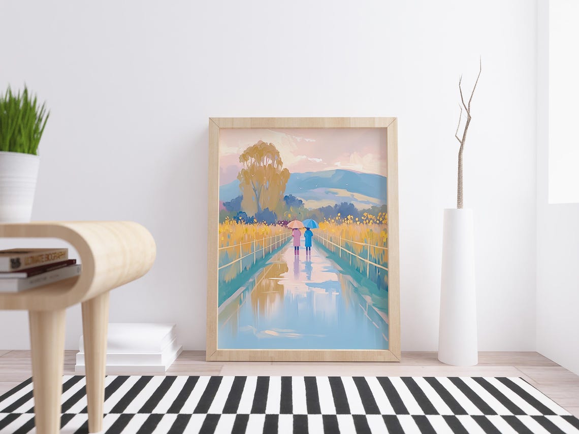 Two Figures With Umbrellas On A Rainy Golden Path Mountain View Poster - Image 4