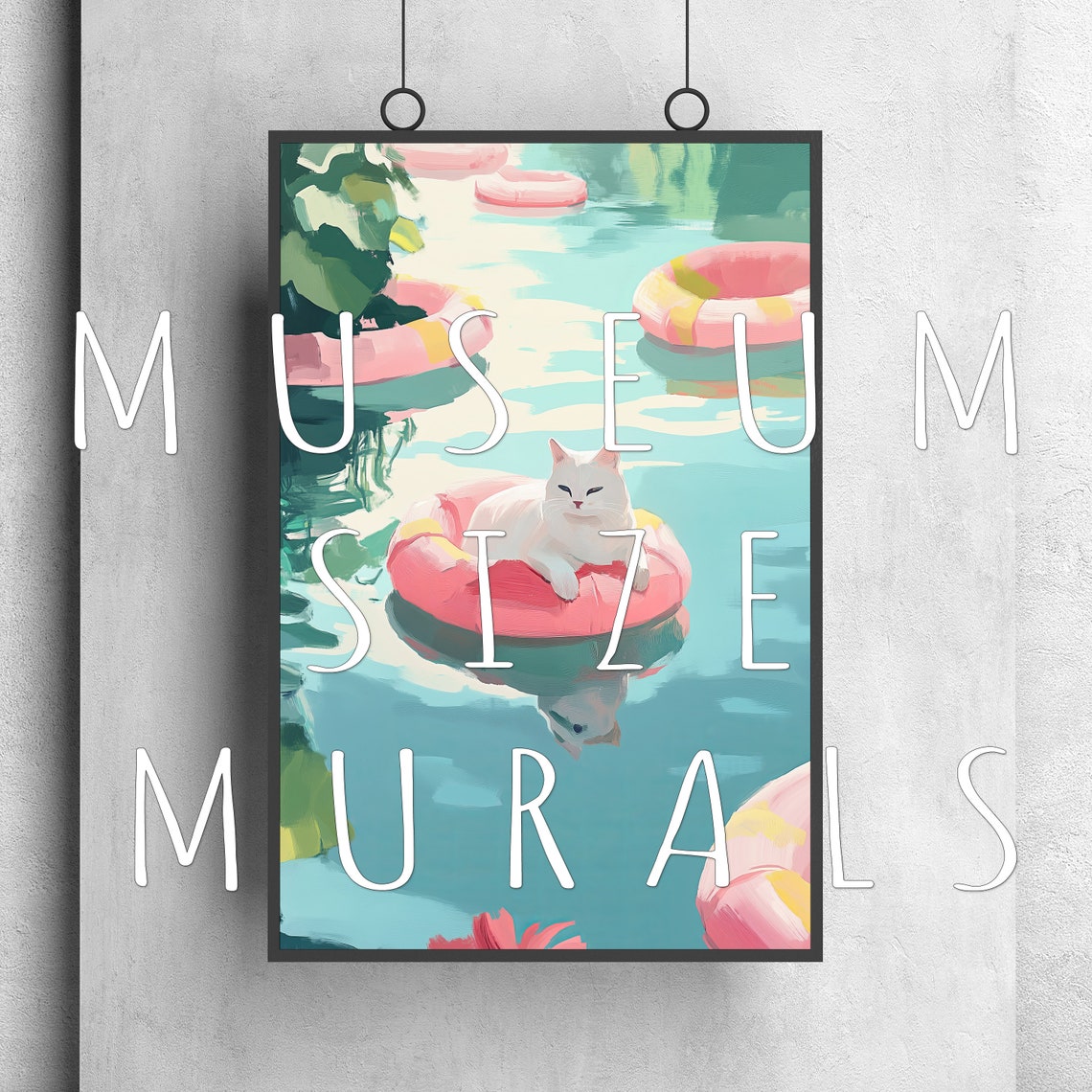 Funny Lazy White Cat on Pink Float Turquoise Summer Pool Poster - Image 3