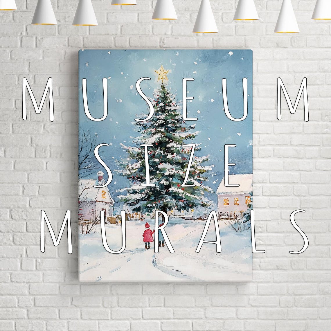 Snowy Christmas Village Night Big Tree Two Kids Winter Art Print - Image 3