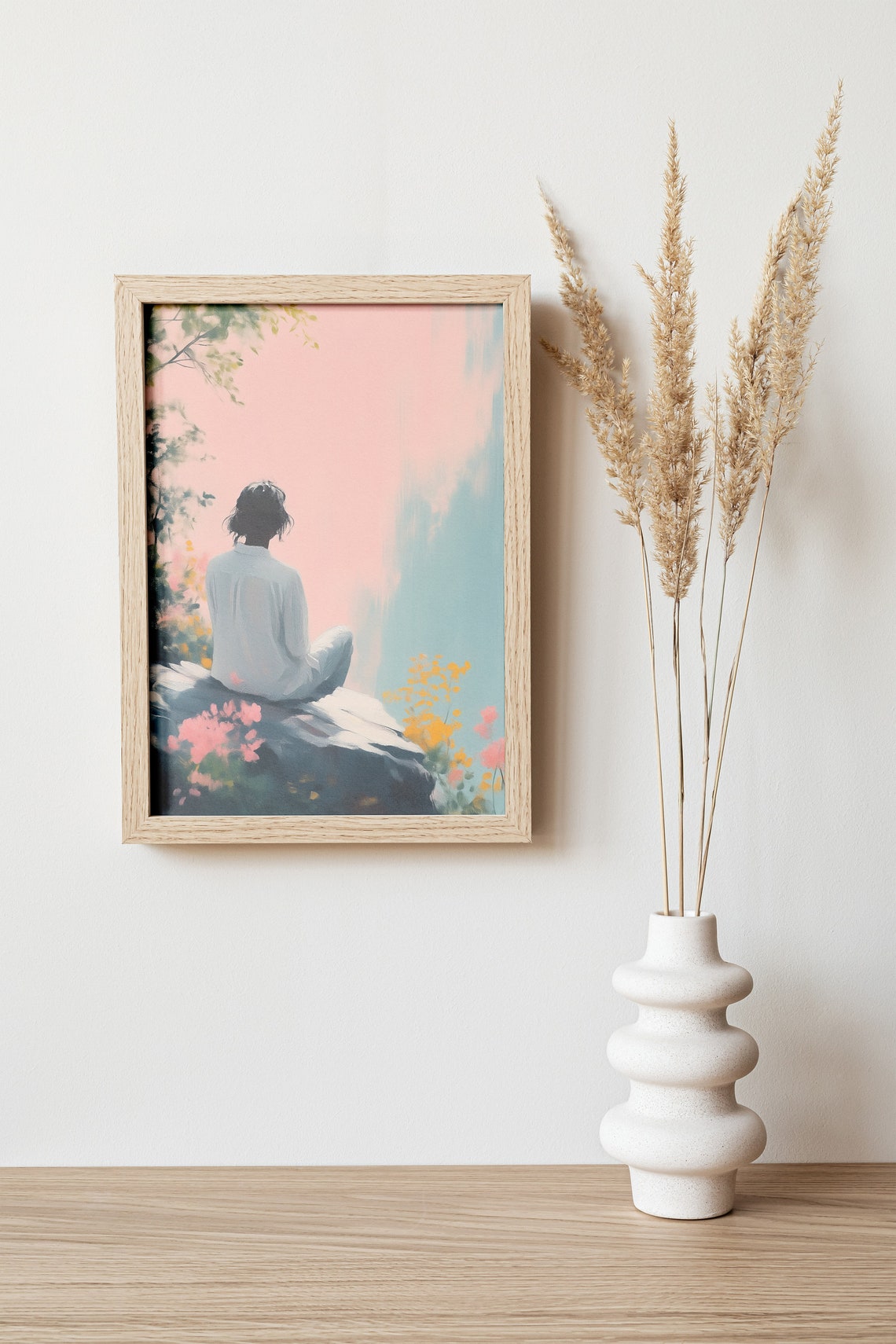 Woman Gazing at Pink Sky Waterfall Floral Pastel Dreamscape Print - Image 2