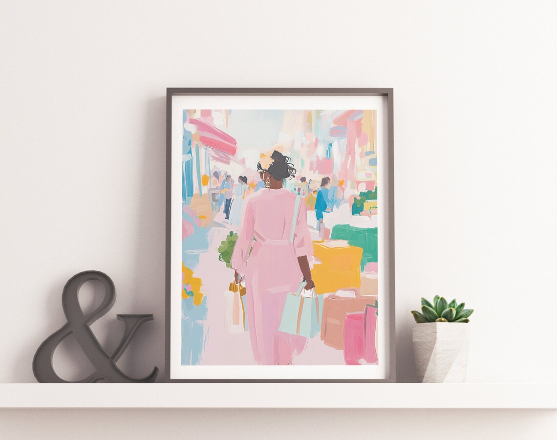 Woman Shopping with Bags Pastel City Street Scene Art Poster - Image 2
